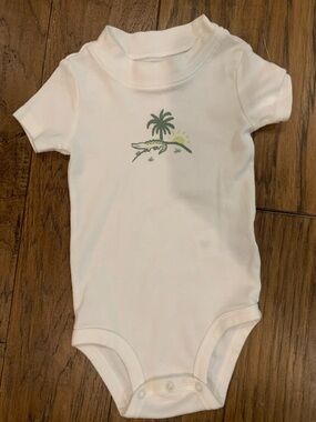 White Baby One-Piece with Green Crocodile and Palm Print